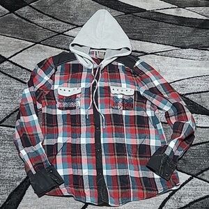 BKE PLAID FLANNEL SNAP-BUTTON EMBROIDERED STUDDED ACCENTS HOODIE SHIRT J…